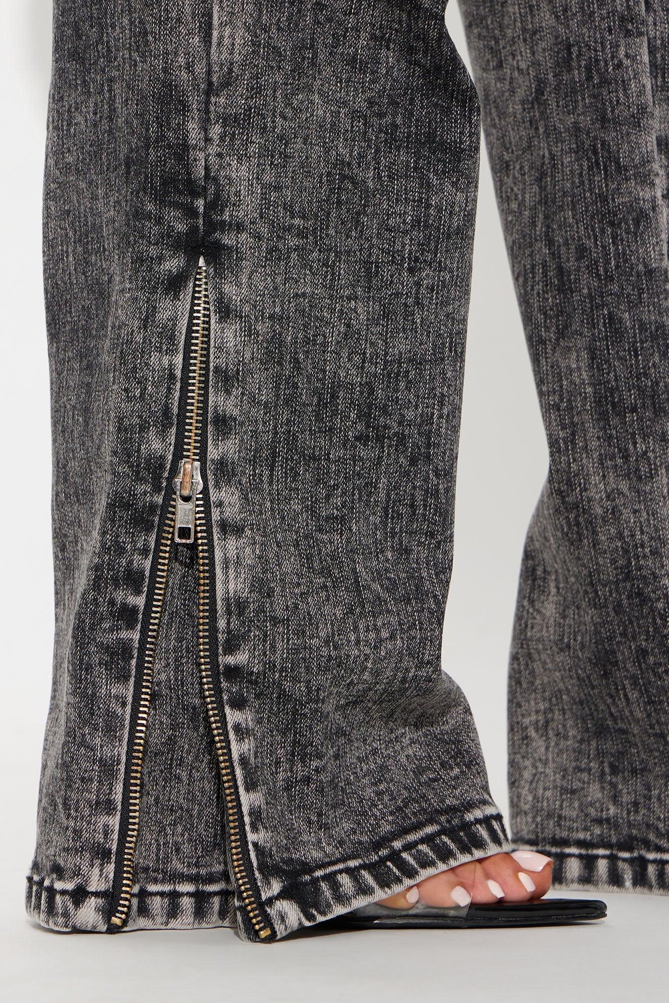 Stepping Out Zipper Straight Leg Jeans - Acid Wash Black Product Image