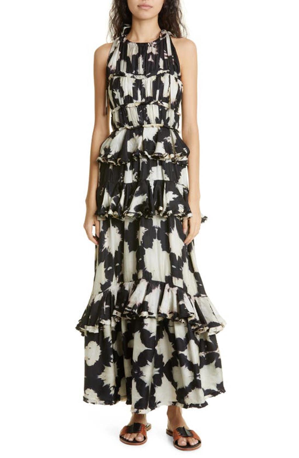 Serafina Ruffled Tie-dyed Silk-twill Maxi Dress In Noir Blur Product Image