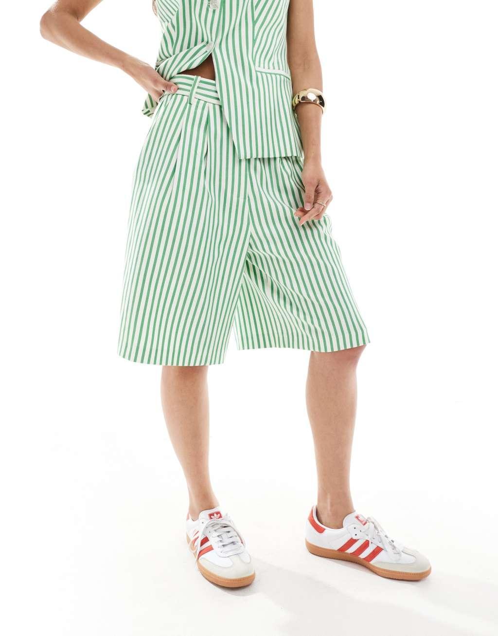 ASOS DESIGN longline high waist tailored shorts in green stripe - part of a set Product Image