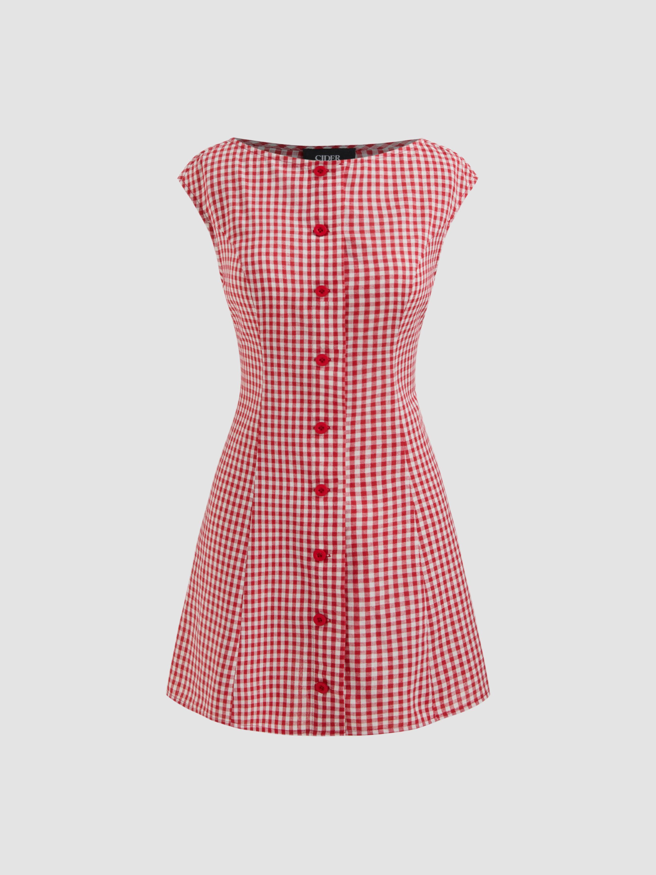 Cotton-blend Boat Neckline Gingham Button Mini Dress product image