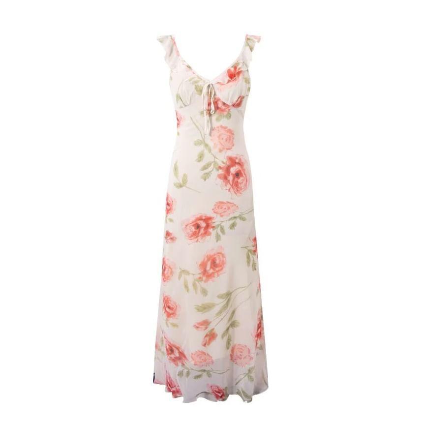 Sleeveless Floral Print Ruffled Midi Mermaid Dress Product Image