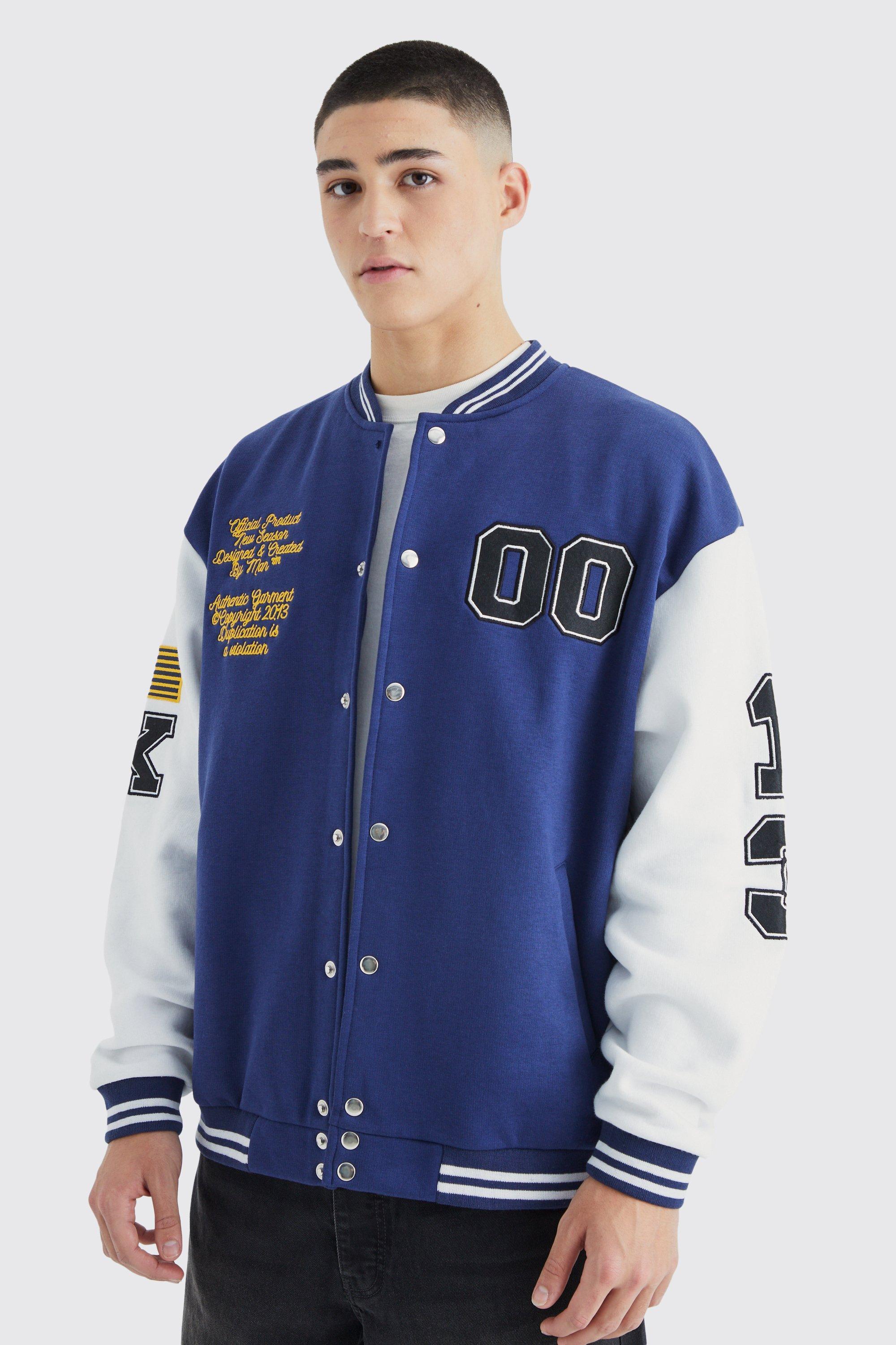 Jersey Varsity Bomber Jacket With Badges | boohooMAN USA Product Image