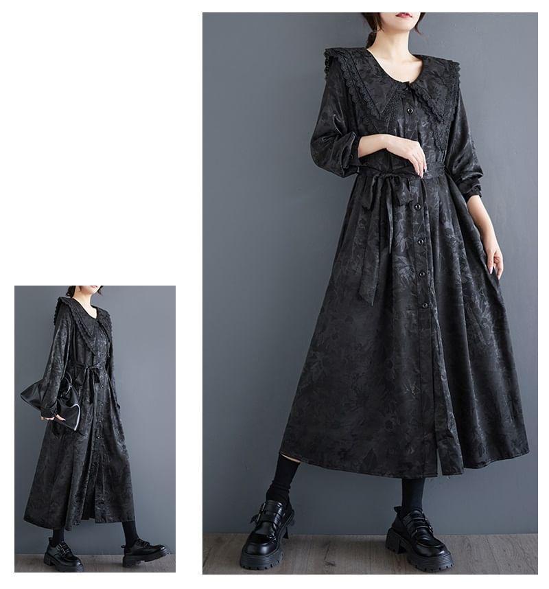 Long-Sleeve Collared Jacquard Midi A-Line Dress Product Image