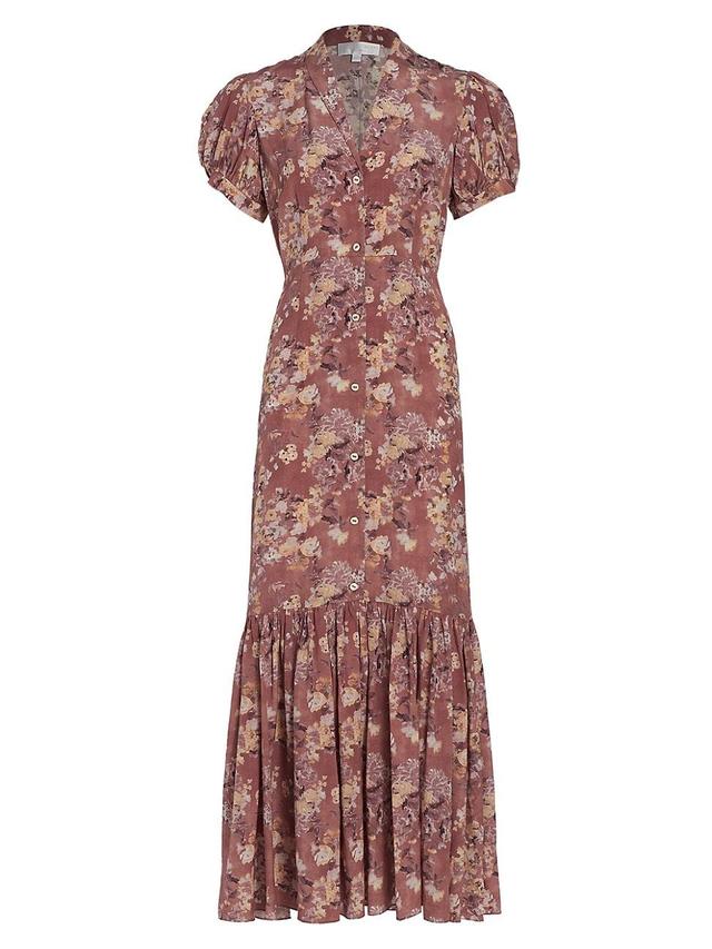 CAROLINE CONSTAS Nancy Floral Print Silk Button Front Dress Product Image