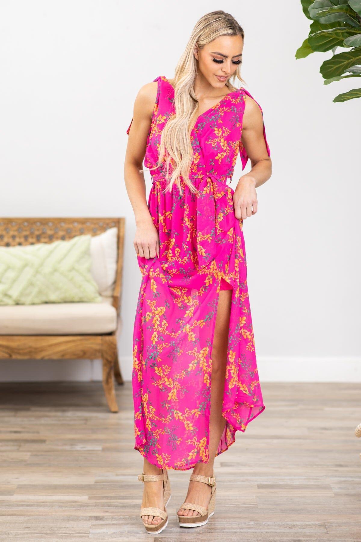 Hot Pink Floral Print Surplice Front Maxi Dress Product Image