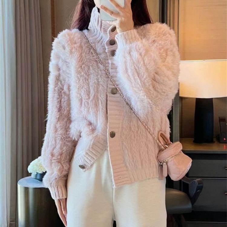 Turtleneck Plain Fluffy Button Up Cardigan Product Image