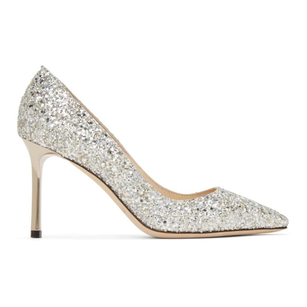 Silver Coarse Glitter Romy 85 Heels In White Gold Product Image