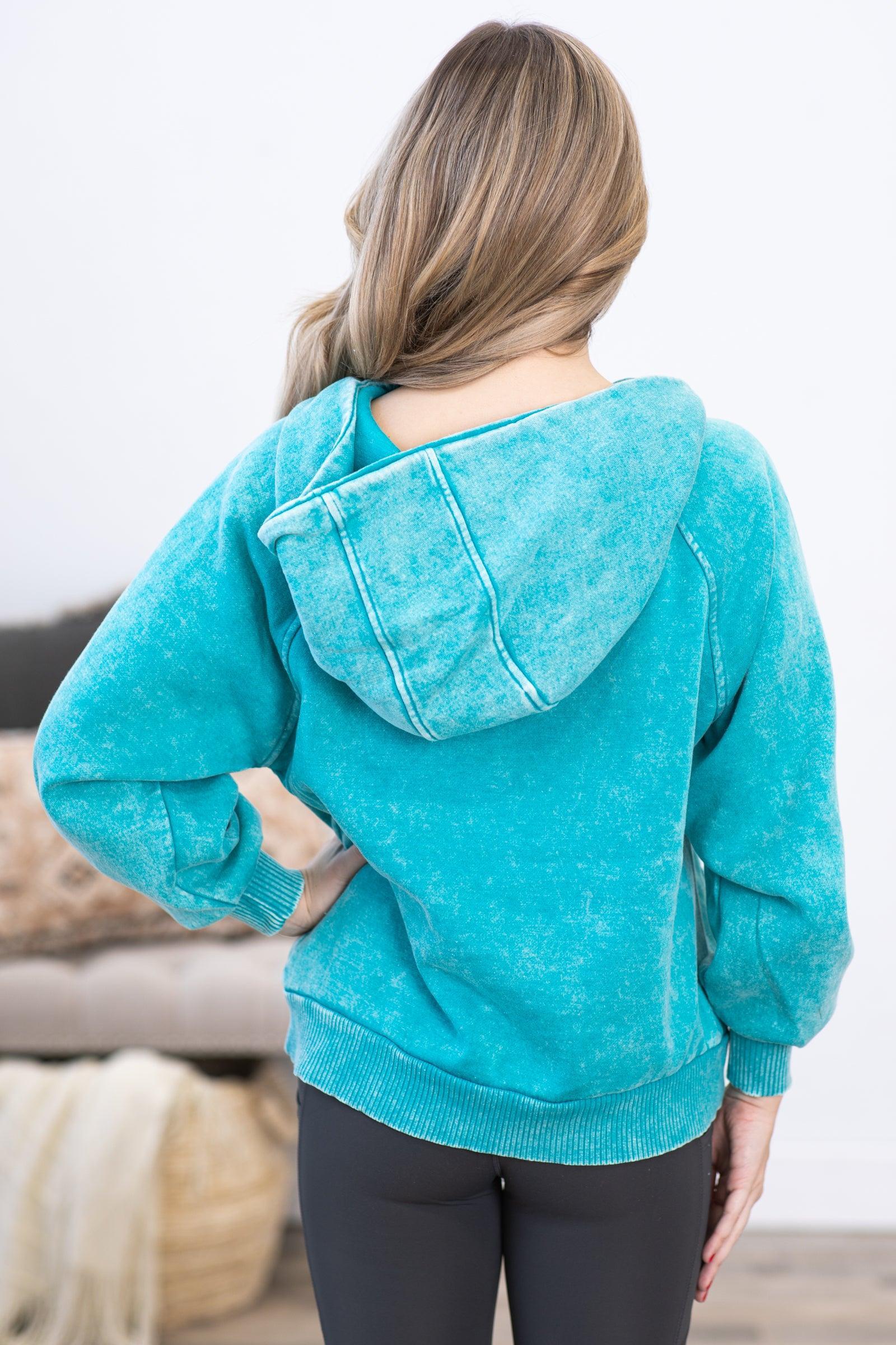 Teal Washed Fleece 1/4 Zip Hoodie Product Image