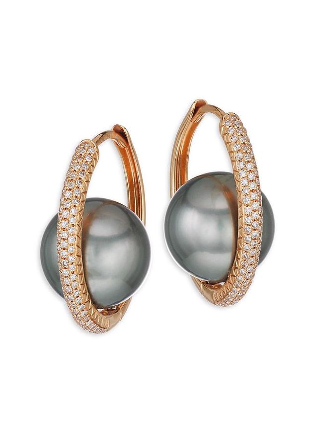 Womens 18K Rose Gold, Diamond & Floating 10MM Tahitian Pearl & Diamond Hoop Earrings Product Image