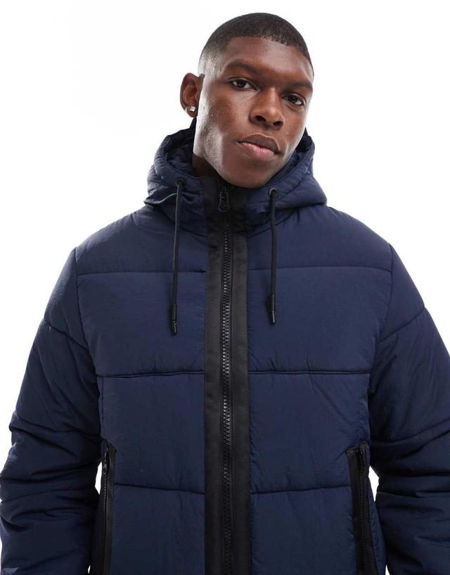 ASOS DESIGN nylon puffer jacket with contrast trims in navy Product Image