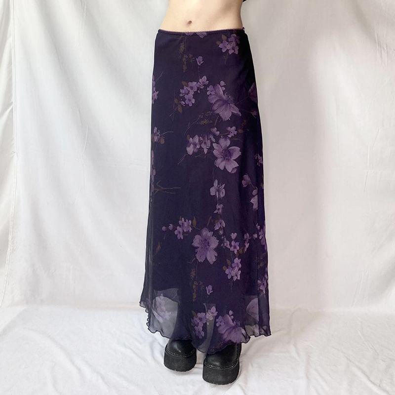 Low Waist Floral Print Lettuce Edge Mesh Maxi A-Line Skirt Product Image