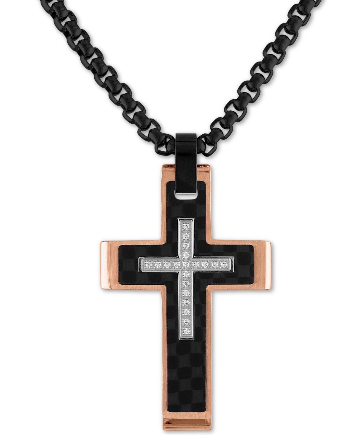 Esquire Mens Jewelry Diamond Cross 22 Pendant Necklace (1/10 ct. t.w.) in Stainless Steel, Black Carbon Fiber, Created for Macys Product Image