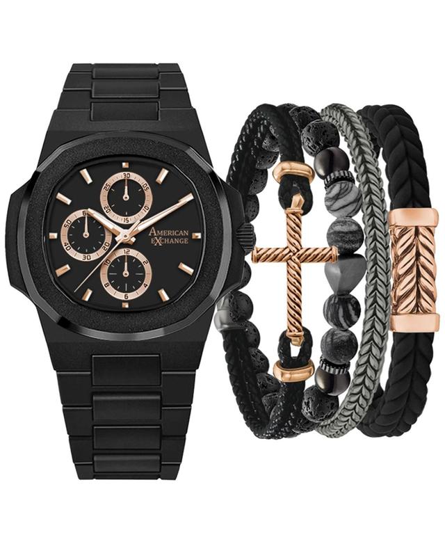 Mens Analog Watch & Stackable Bracelet Set Black Product Image