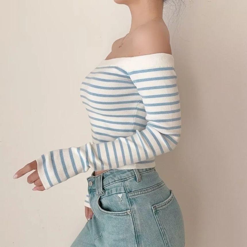 Long-Sleeve Off Shoulder Striped Crop Knit Top Product Image