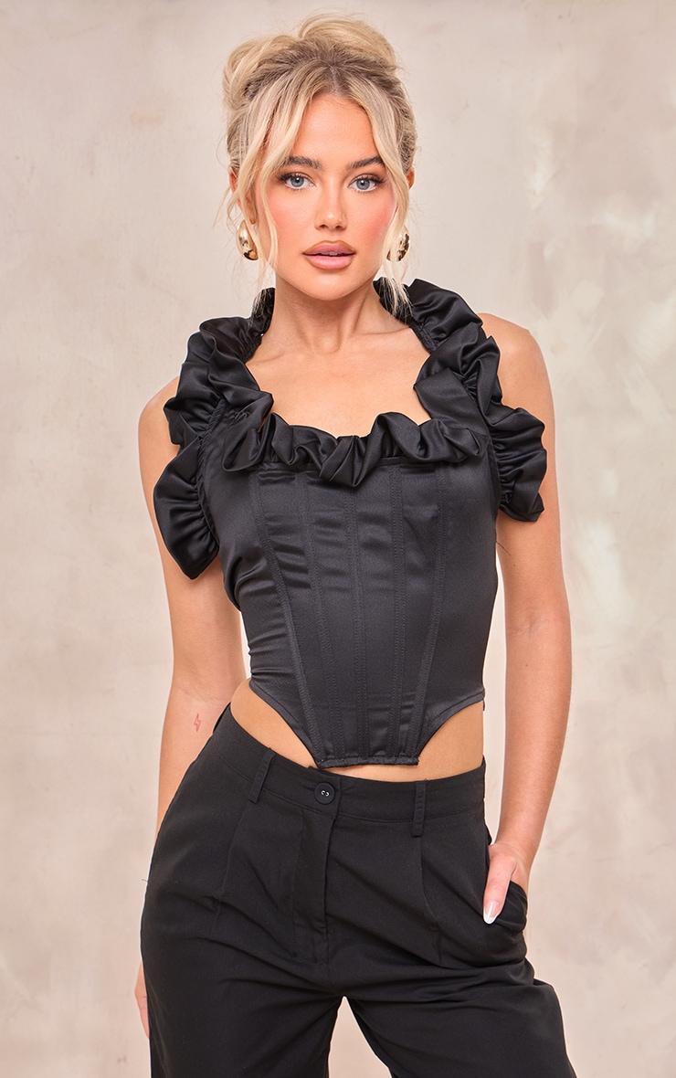 Black Satin Ruched Detail Halterneck top Product Image