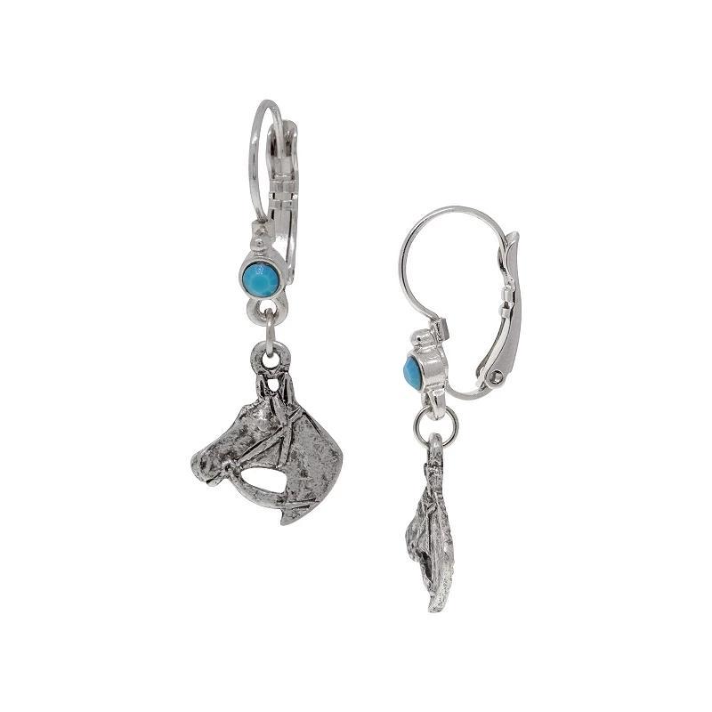 1928 Silver Tone Horse with Blue Glass Stone Drop Earrings, Womens, Turquoise Product Image