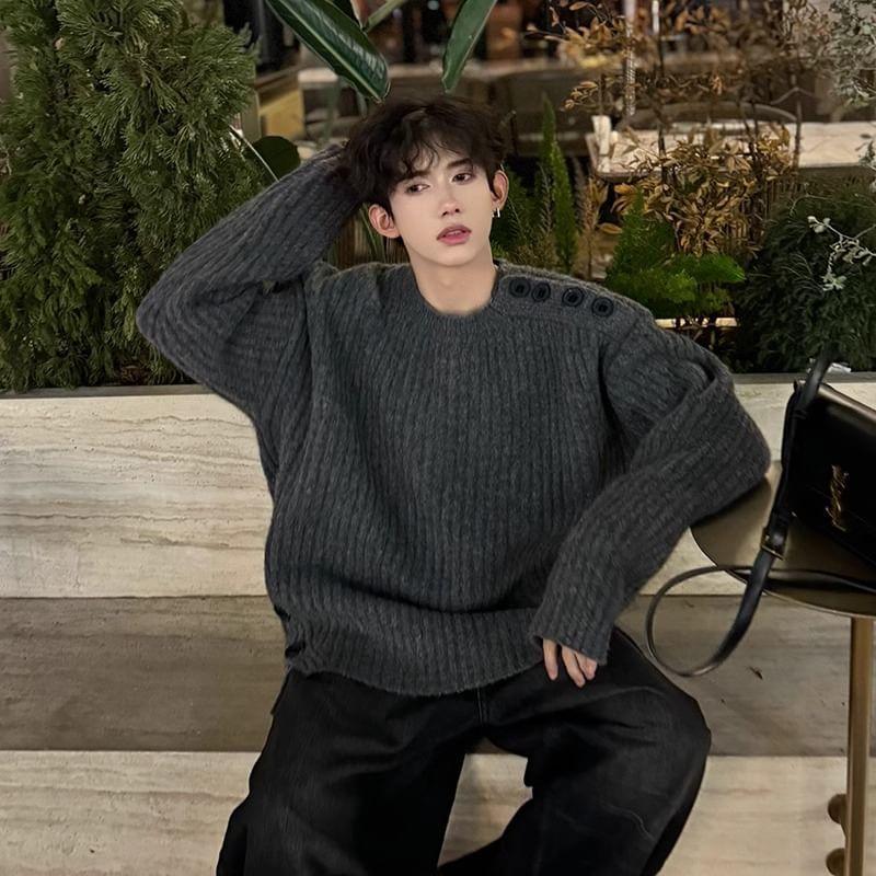 Crew Neck Plain Ribbed Sweater Product Image