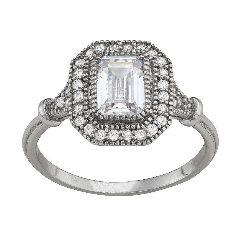 Contessa Di Capri Haloed Cubic Zirconia Emerald Cut Ring, Womens Sterling Silver Product Image