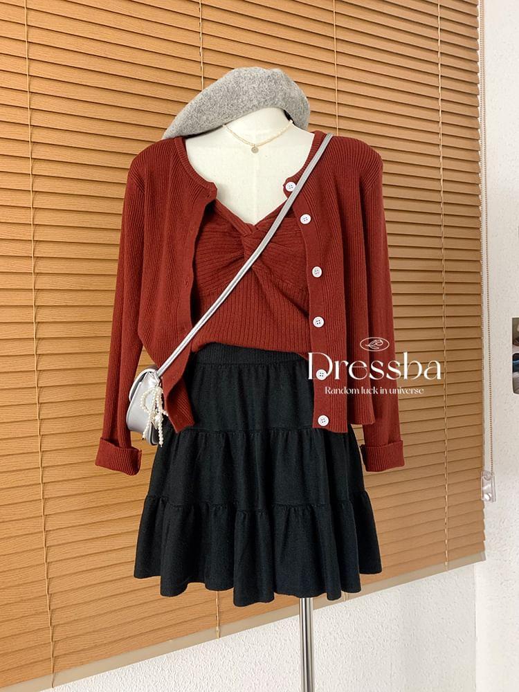 High Waist Plain Tiered Knit Mini A-Line Skirt Product Image