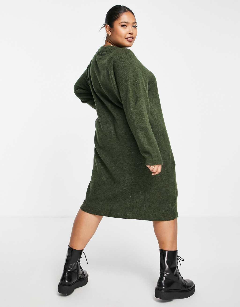 Pieces Curve midi sweater dress in dark green Product Image