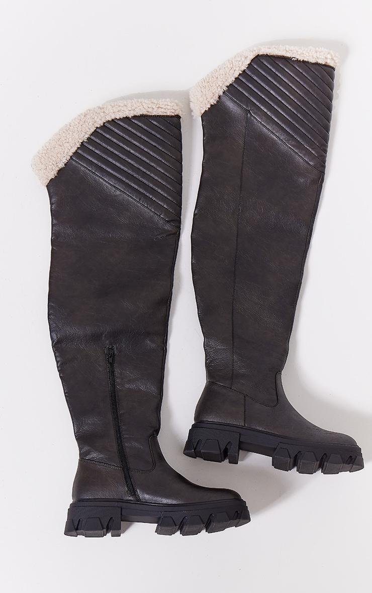 Black Faux Leather Round Toe Shearling Over The Knee Boots Product Image