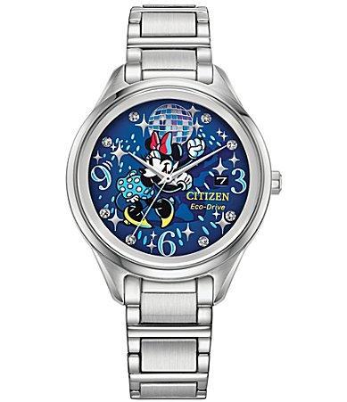 Citizen Womens Eco-Drive Disneys Minnie Mouse Dancing Minnie Stainless Steel Crystal Accent Blue Dial Bracelet Watch Gold Silver Product Image