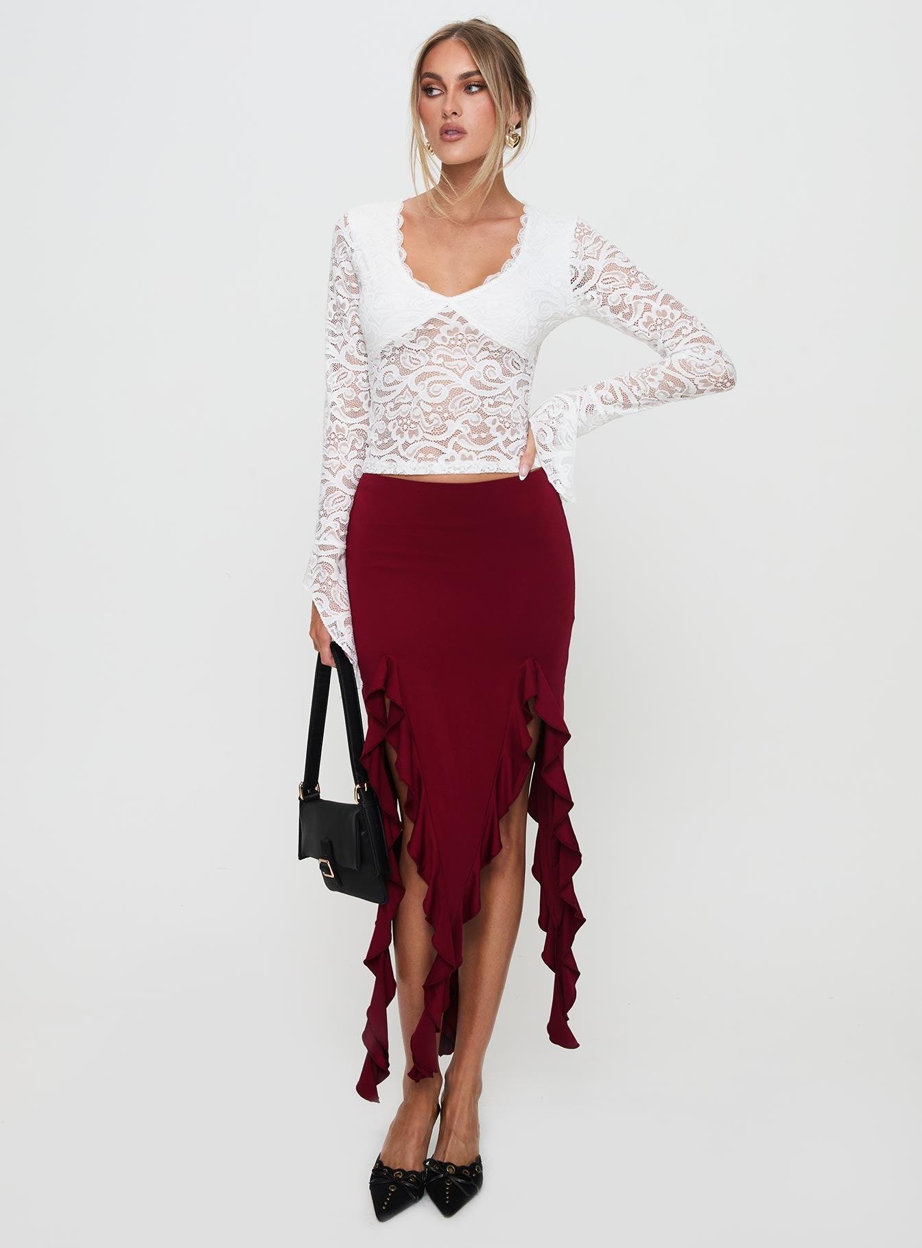 Peachey Asymmetric Ruffle Midi Skirt Burgundy Product Image