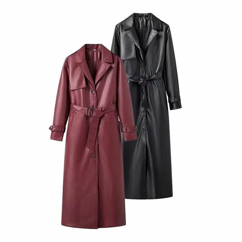 Lapel Collar Plain Faux Leather Midi Single-Breasted Trench Coat product image