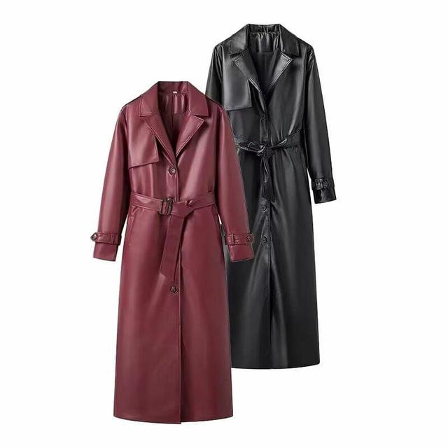 Lapel Collar Plain Faux Leather Midi Single-Breasted Trench Coat Product Image