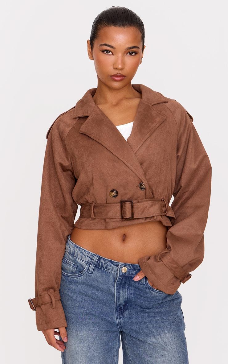 Brown Cropped Faux Suede Belted Trench Coat Product Image