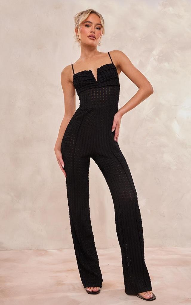 Black Textured V Bar Corset Detail Wide Leg Jumpsuit Product Image