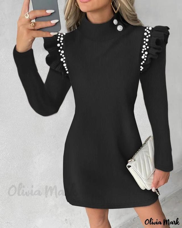 Olivia Mark – Chic Beaded Ribbed Dress with Flutter Sleeves for Casual occasions Product Image