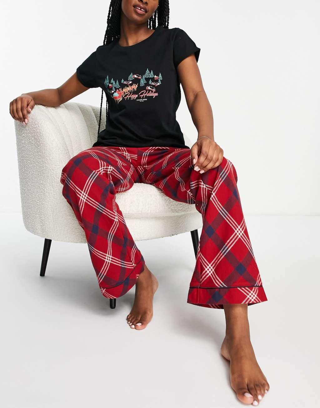 Chelsea Peers christmas happy holidays pajamas in black and red Product Image