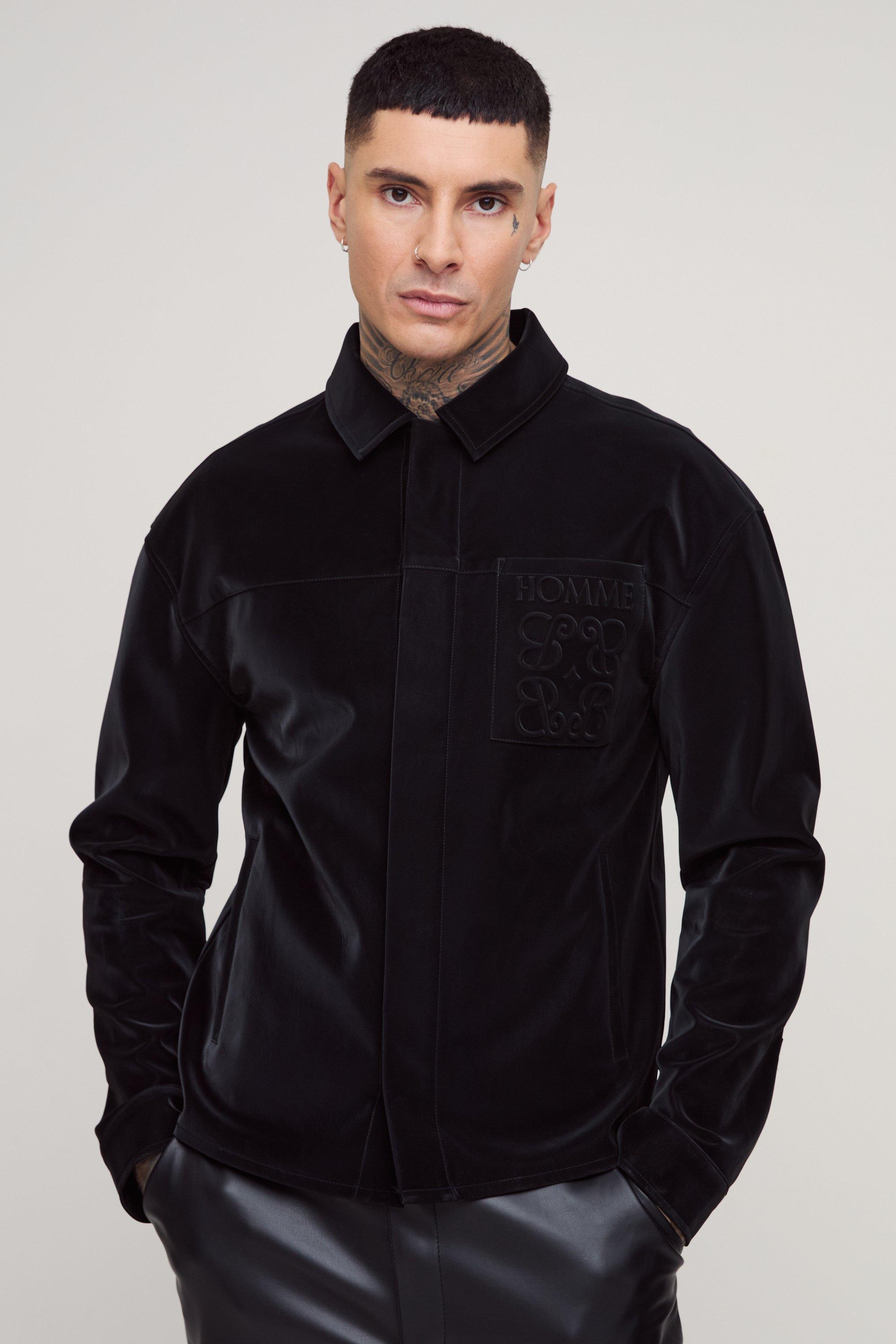 Tall Long Sleeve Embossed Detail PU Overshirt | boohooMAN USA Product Image