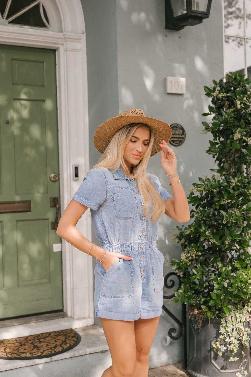 Light Wash Short Denim Romper - FINAL SALE Product Image