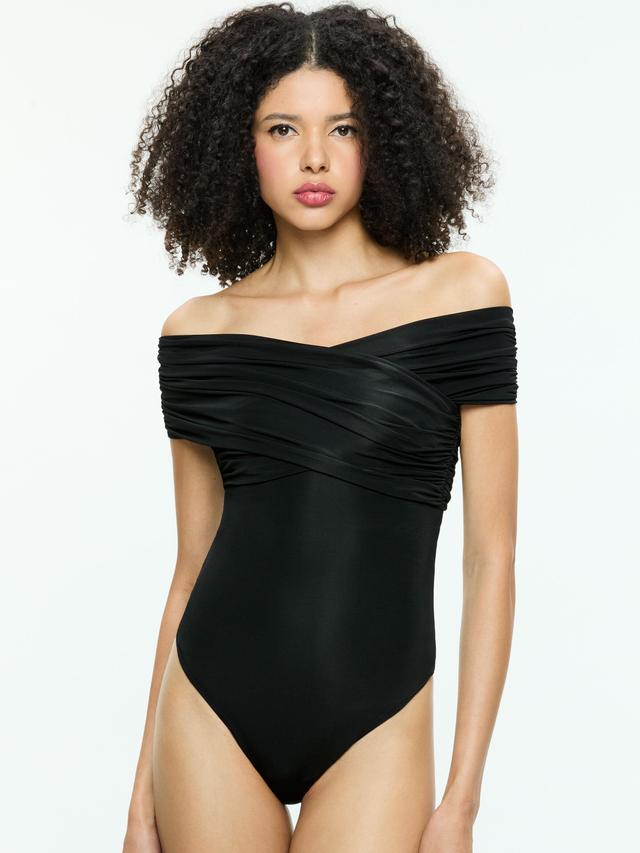 ALICE AND OLIVIA Averne Off The Shoulder Cross Bodysuit In Black Product Image