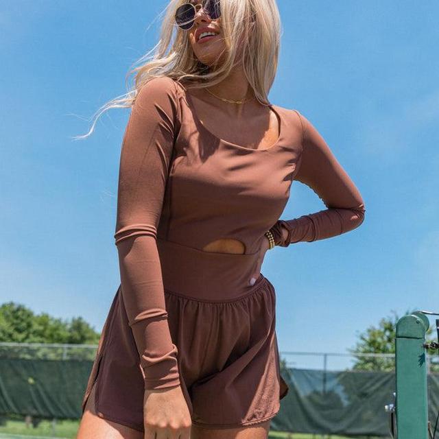 You're Thriving Brown Active Long Sleeve Keyhole Romper Product Image