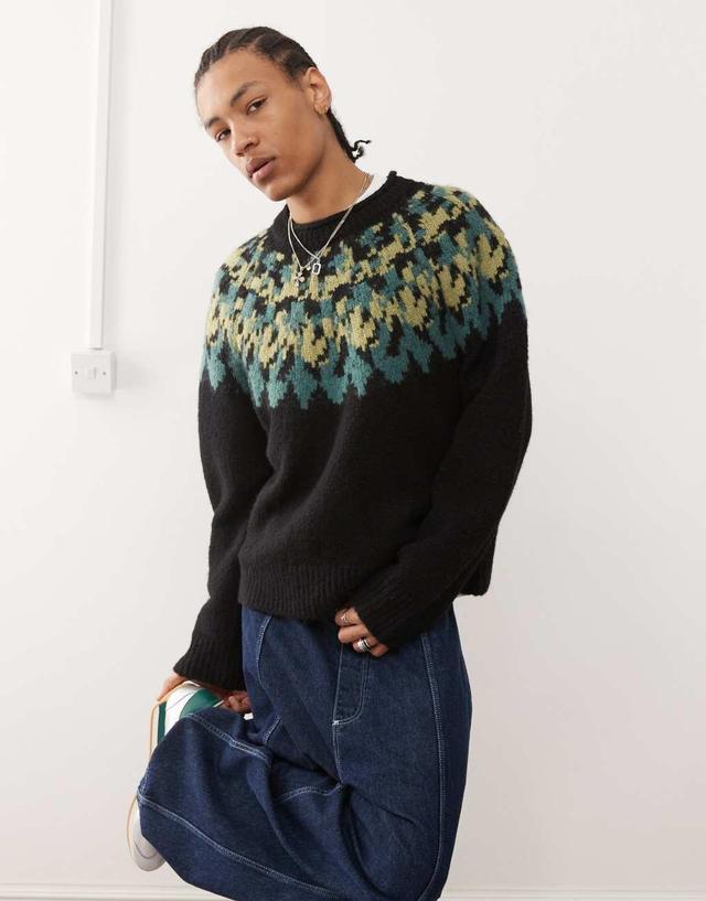 Weekday Momo wool blend oversized fairisle sweater in black Product Image