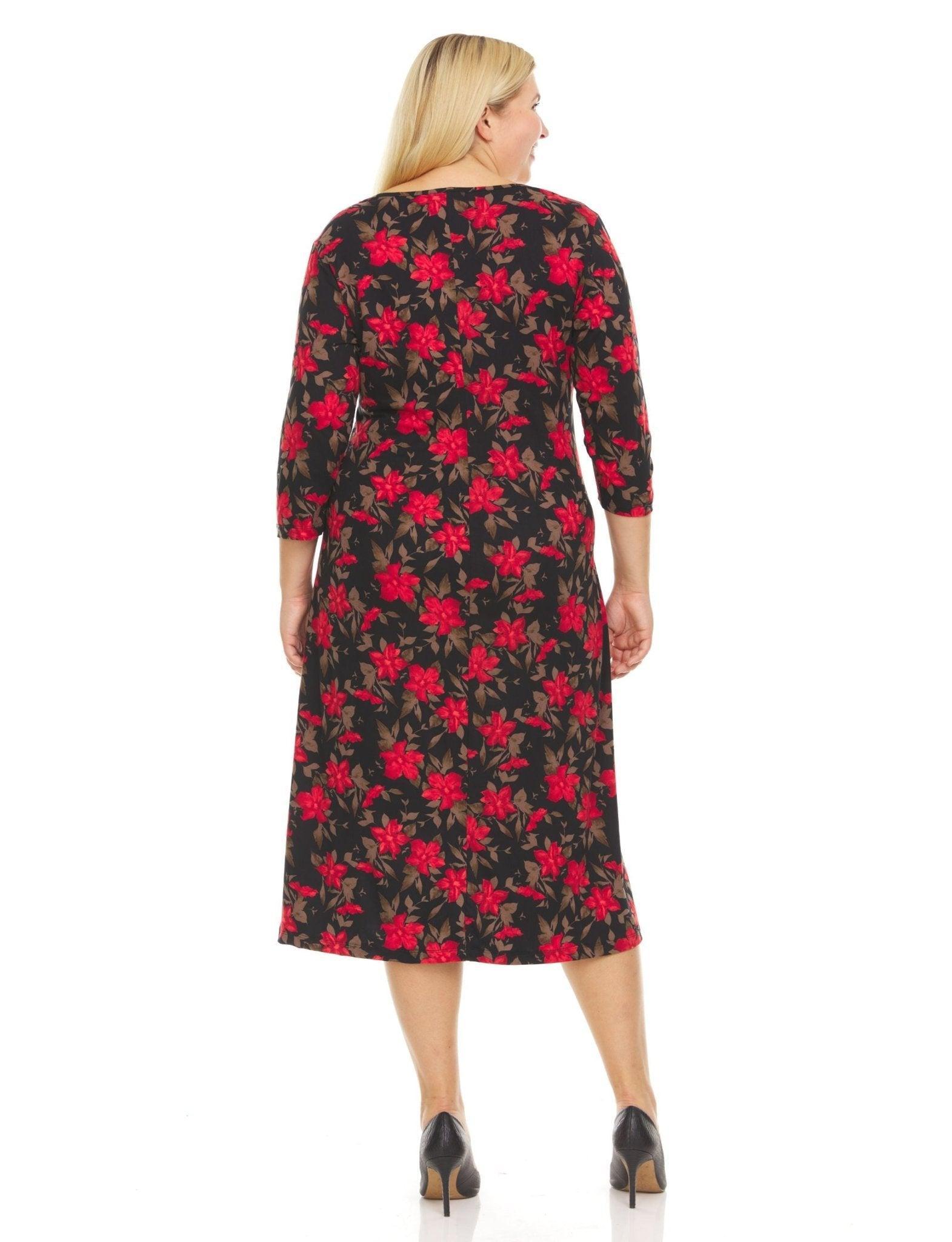 Three quarter sleeve crew neck printed A line midi dress with selt tie belt- plus Product Image