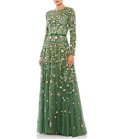 Mac Duggal Floral Sequin Long Sleeve A-Line Gown Product Image