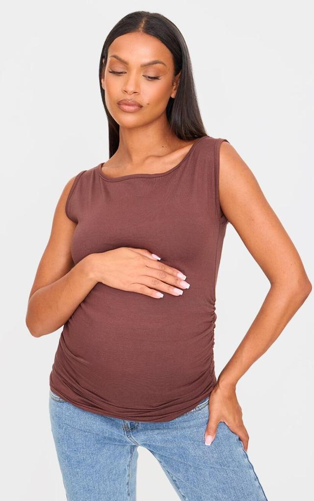 Maternity Chocolate Boat Neck Ruched Sleeveless Top Product Image