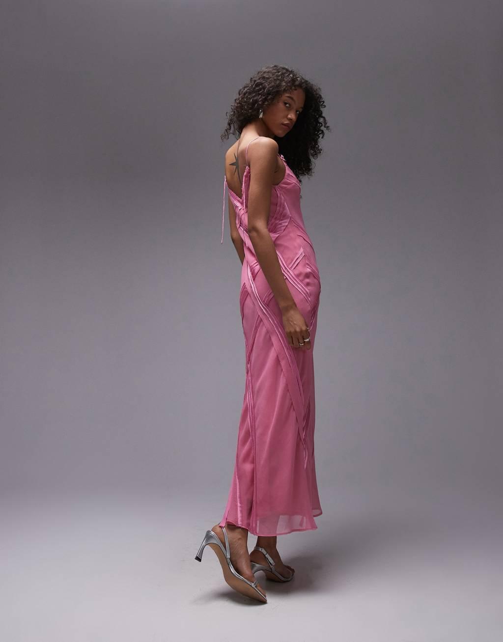 Topshop premium raw seam detail midi slip dress in sweet pink Product Image