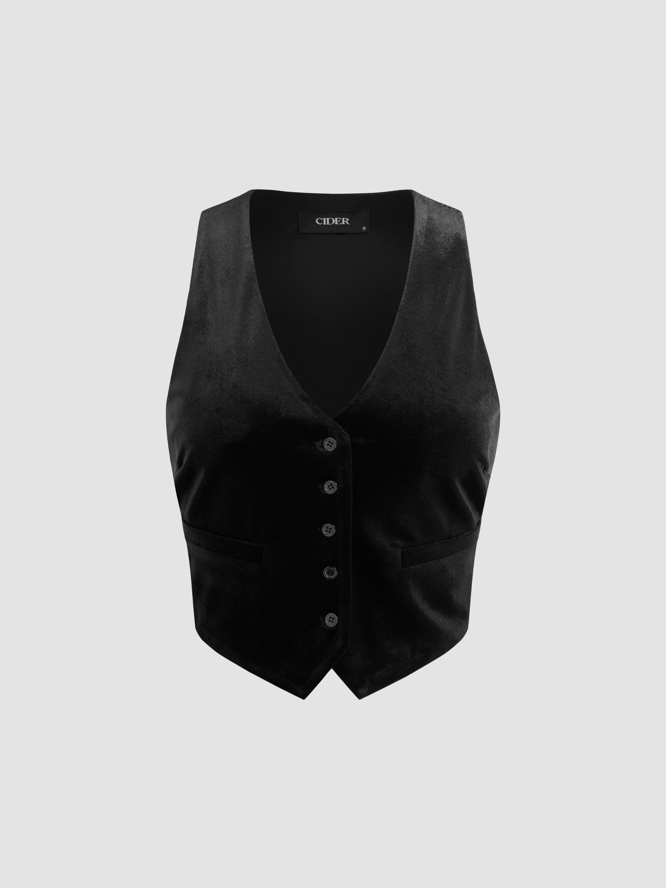 Velvet V-neck Solid Button Crop Jacket Vest Product Image