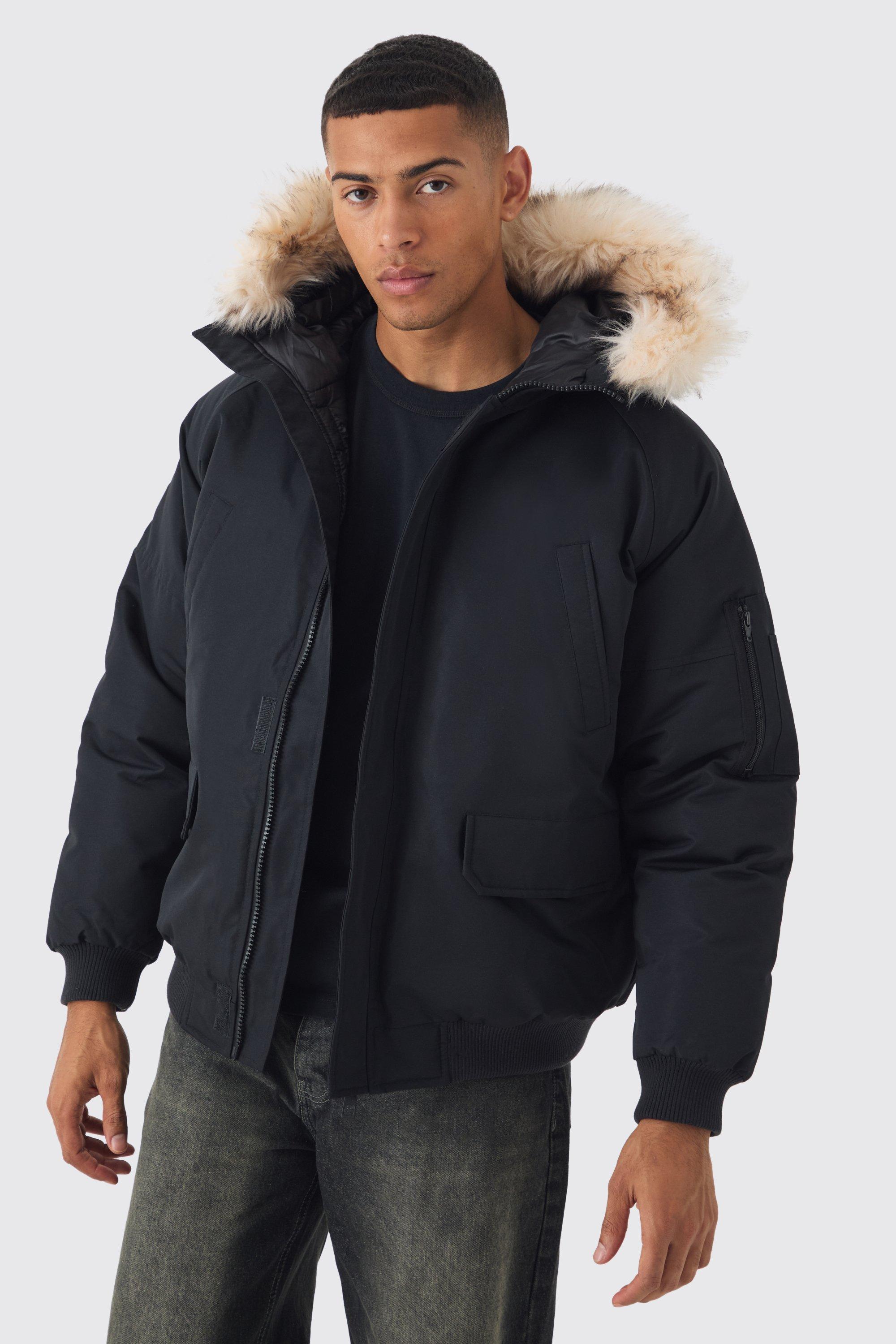 Hooded Parka With Removeable Faux Fur Trim In Black | boohooMAN USA Product Image