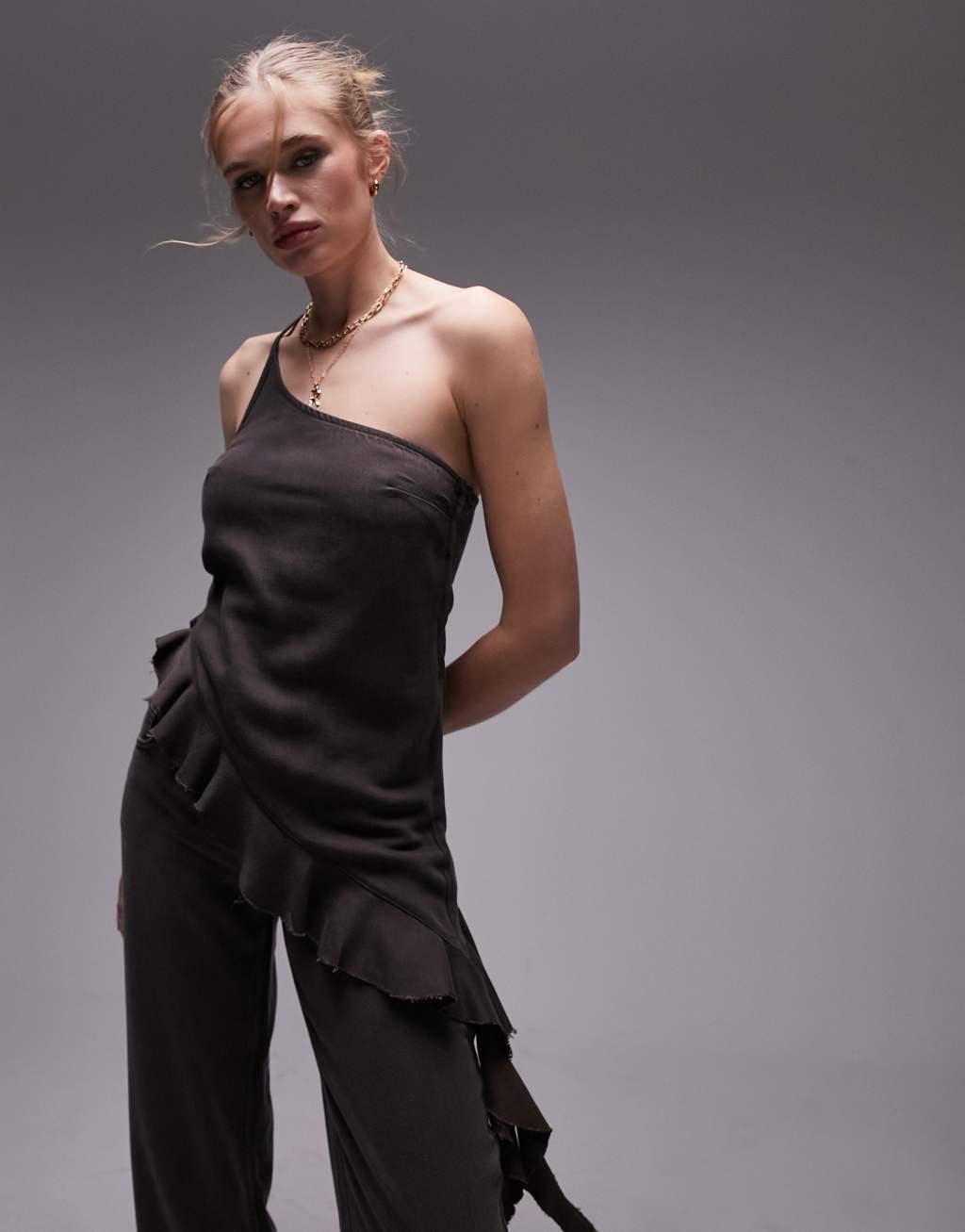 Topshop denim asymmetric cami top with ruffle hem in brown twill - part of a set  Product Image