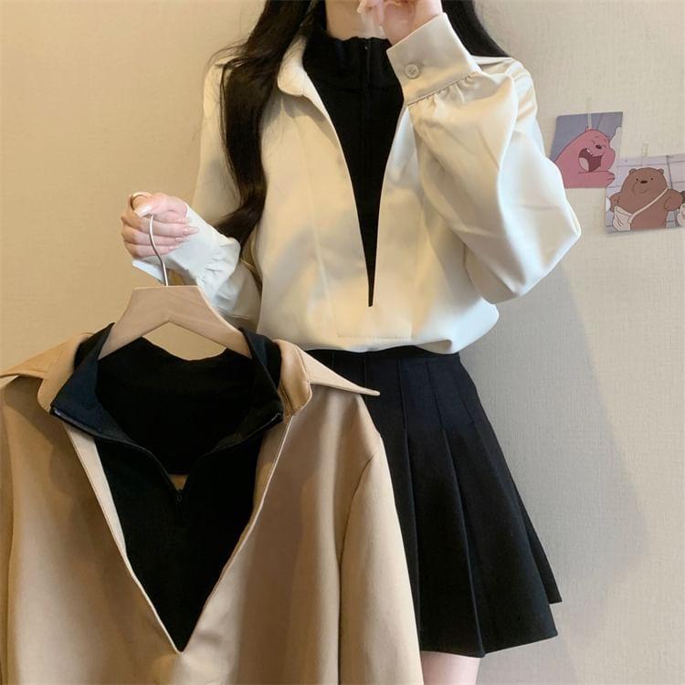 Mock Two-Piece Long-Sleeve Two Tone Overhead Blouse Product Image