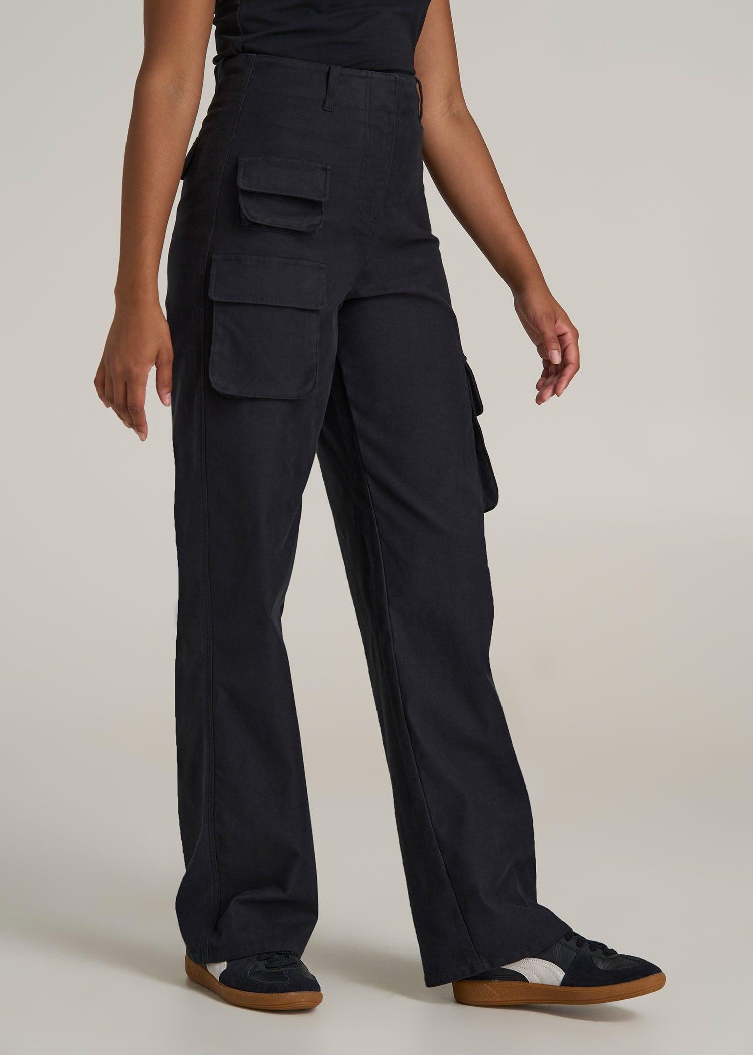 High-Waist Flat Front Cargo Pants for Tall Women in Black Female Product Image