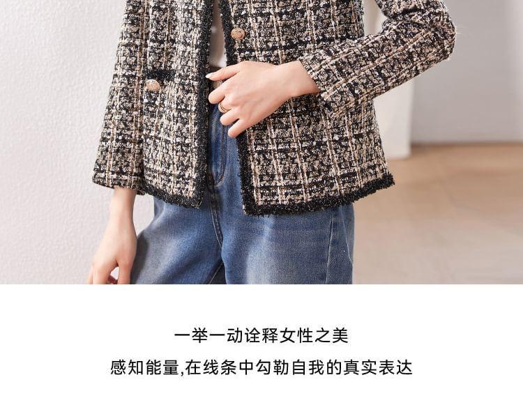 Round Neck Tweed Cropped Button Jacket Product Image