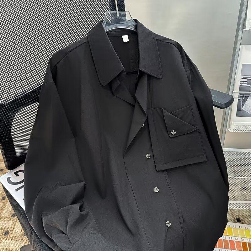 Long-Sleeve Plain Pocket Detail Asymmetrical Shirt Product Image