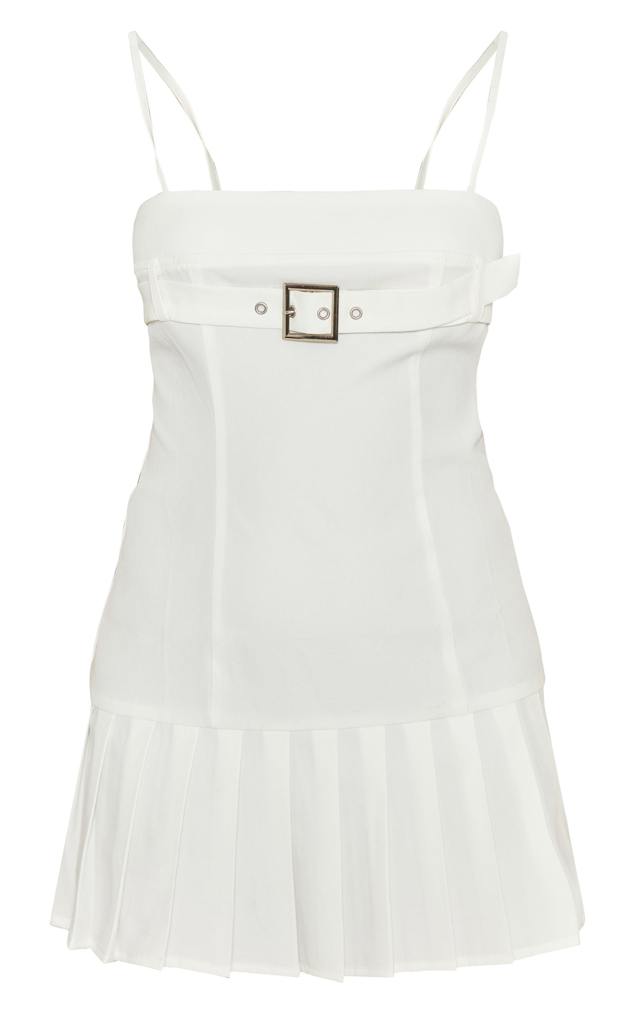 Petite White Belt Detail Pleated Mini Dress Product Image